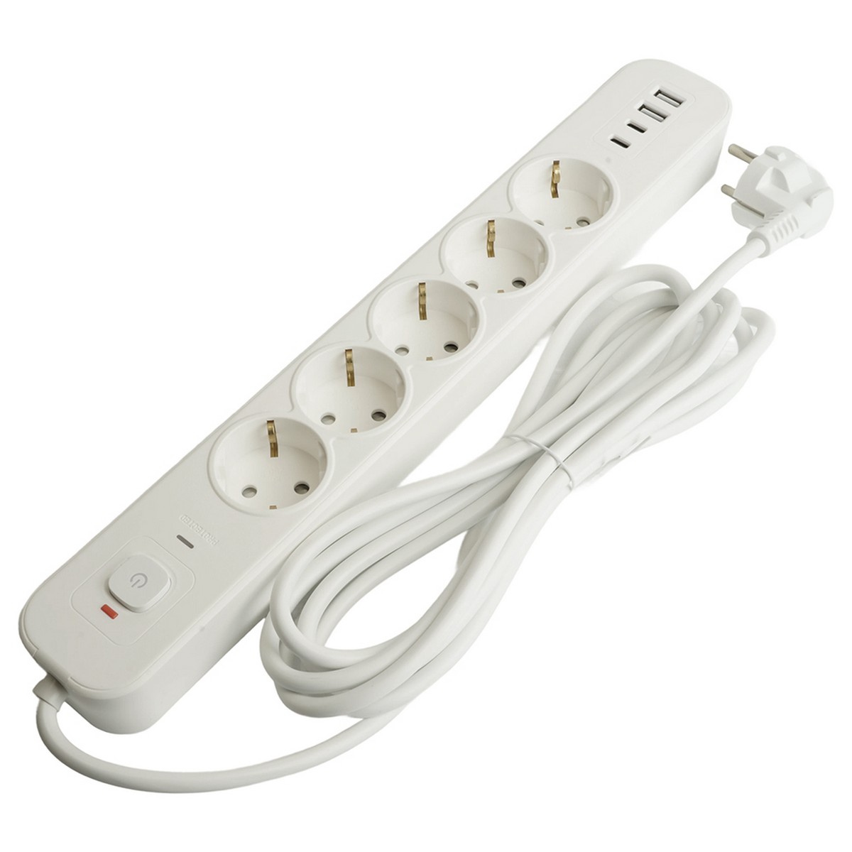 Сетевой фильтр 5-местный с/з STEKKER 3x1мм2 5 м 250В 16А 2 USB-A+2 Type-C 3 серия Nova белый 50104