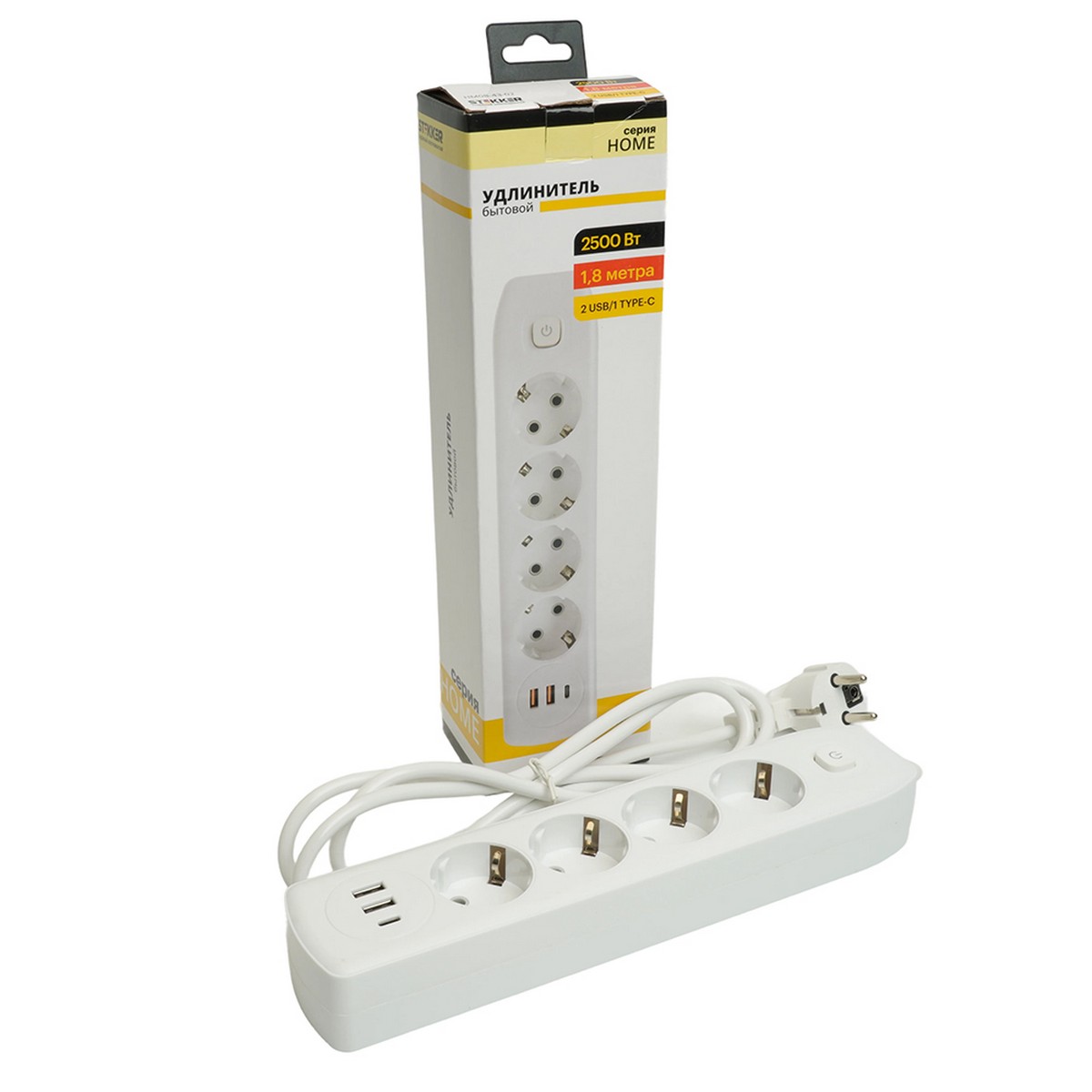 Удлинитель STEKKER HM08-43-02 4-местный c/з 3x1 мм2 1,8 м 2USB+1Type-C 2,4А Home белый 49971
