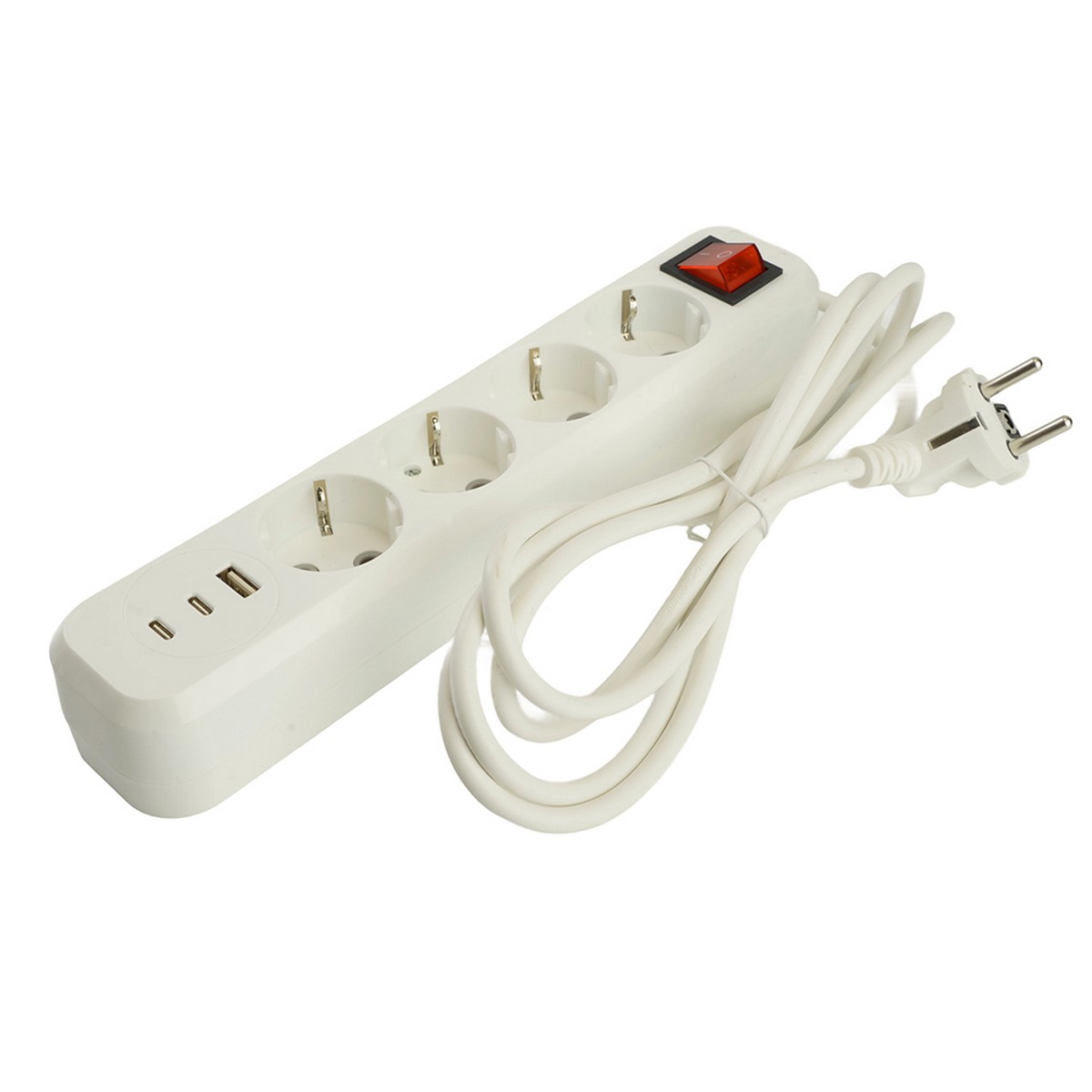 Удлинитель 4-местный с/з с выключателем STEKKER HM071-41-02 2м 1USB+2C 2.4A Home белый 50139