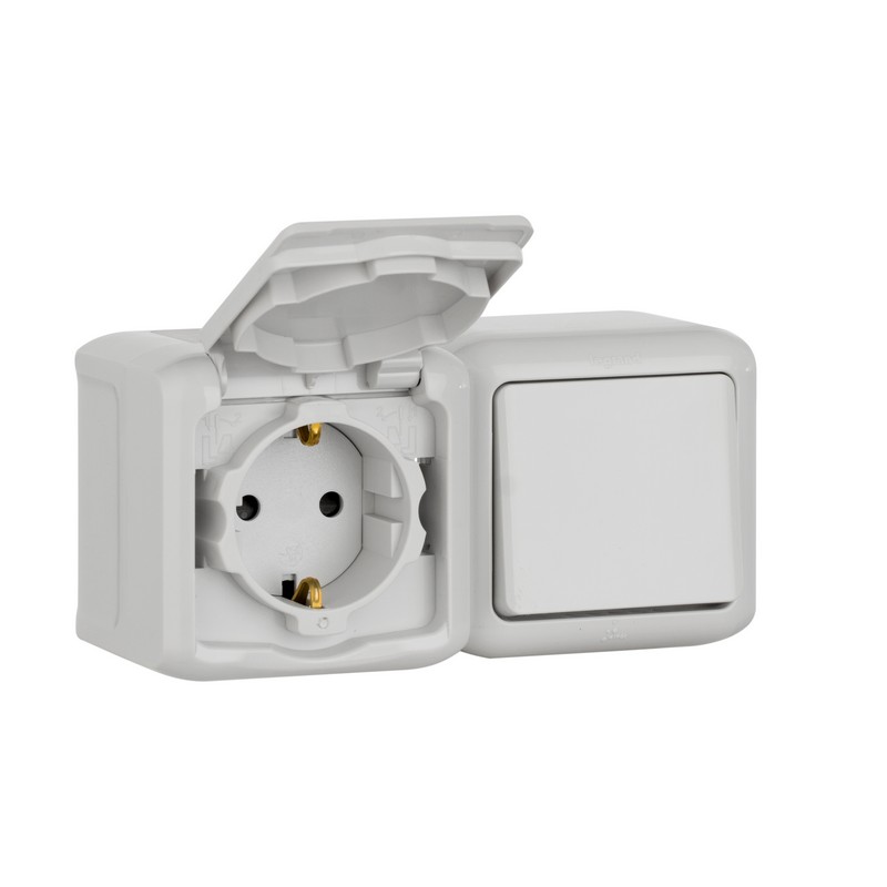 Выключатель+розетка Legrand Quteo с/заземлением IP44 серый  782348