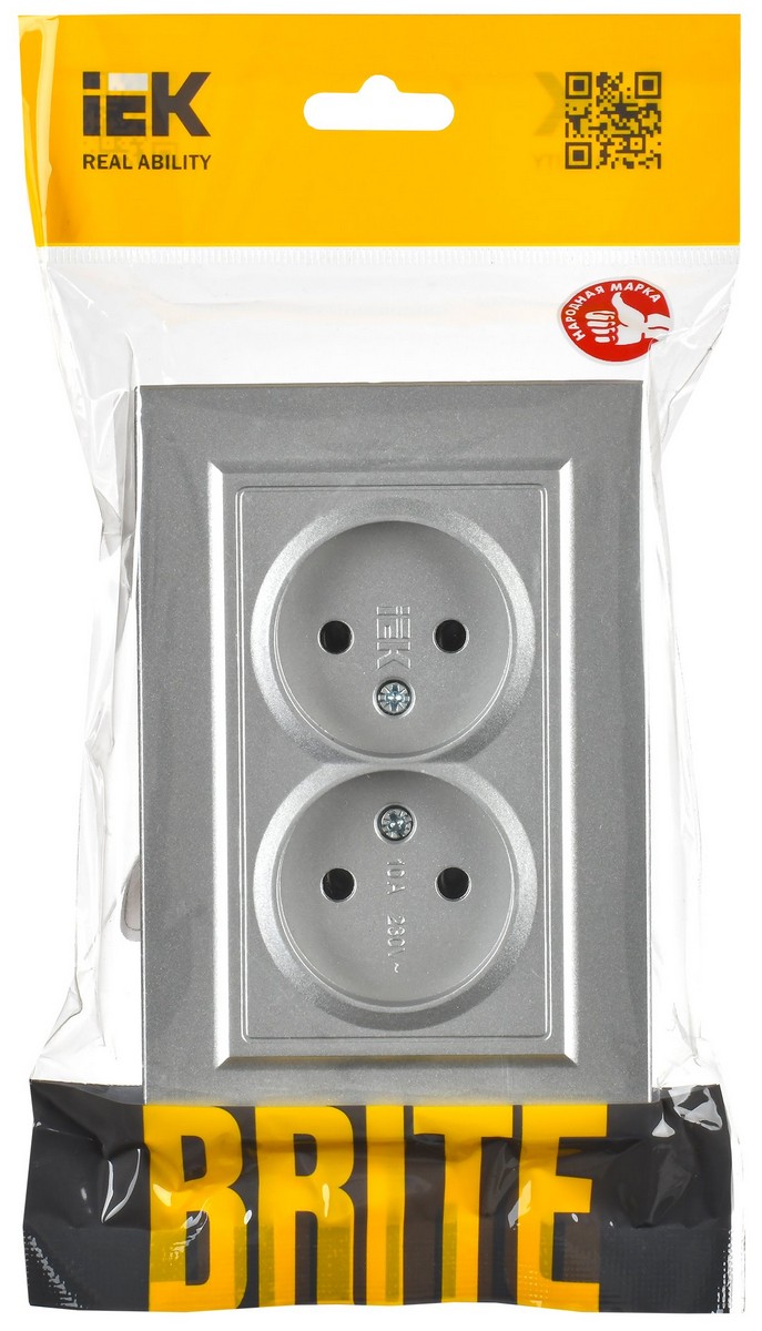 Розетка IEK BRITE Алюминий 2-я без з/к/ш 10А в сборе РС12-2-БрА BR-R20-10-K47-F