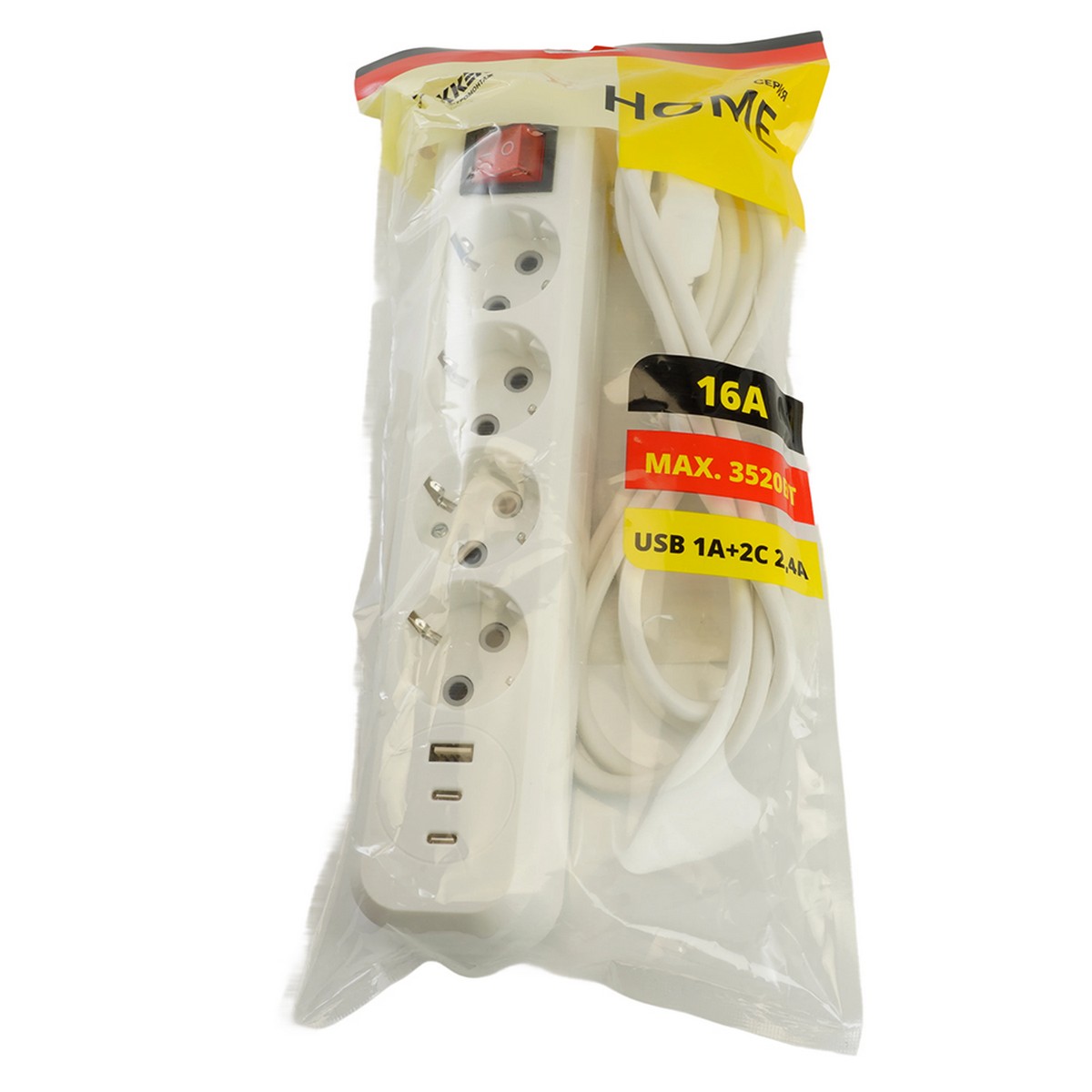 Удлинитель 4-местный с/з с выключателем STEKKER HM071-41-02 2м 1USB+2C 2.4A Home белый 50139