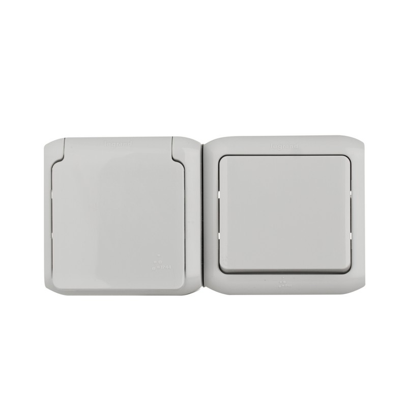 Выключатель+розетка Legrand Quteo с/заземлением IP44 серый  782348