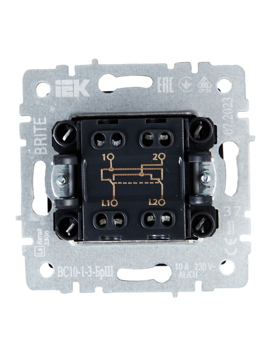 Выключатель IEK BRITE 1-клавишный перекрестный 10А ВС10-1-3-БрШ шампань BR-V13-0-10-K37