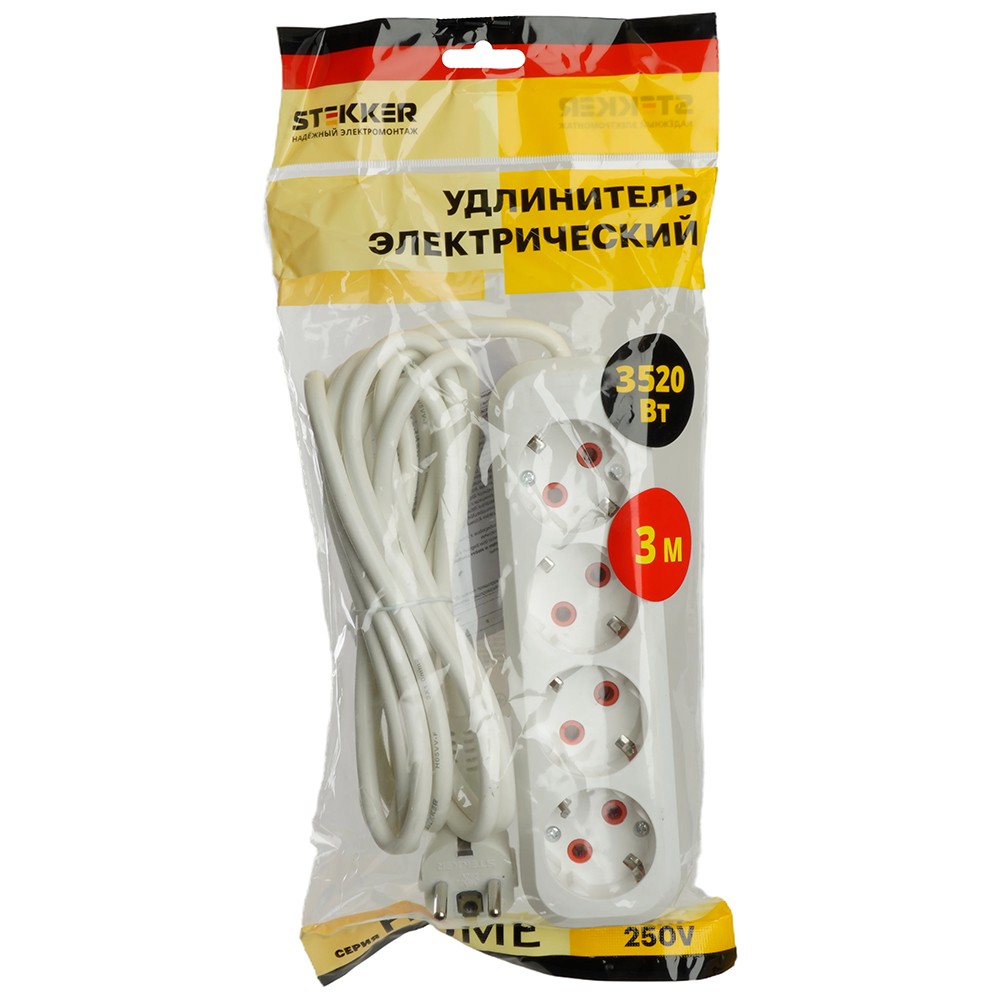 Удлинитель STEKKER четырехместный с/з HM06-40-03 3м Home (У10-429) белый 49351