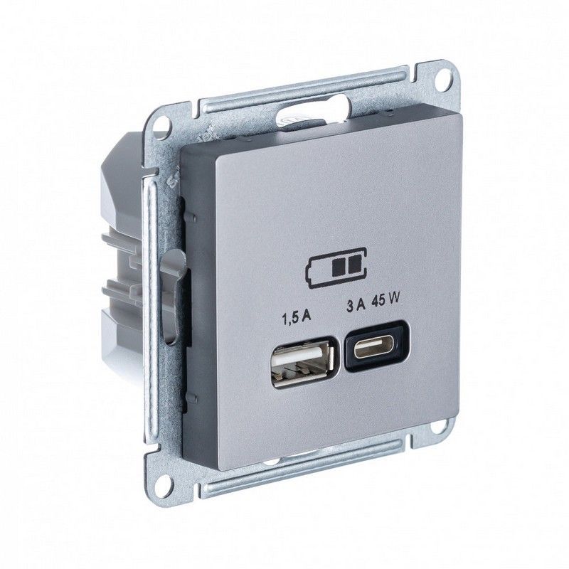 AtlasDesign Сталь Розетка USB Systeme Electric AtlasDesign Сталь A + тип-C 45W высокоскор.заряд. QC PD мех. ATN000929