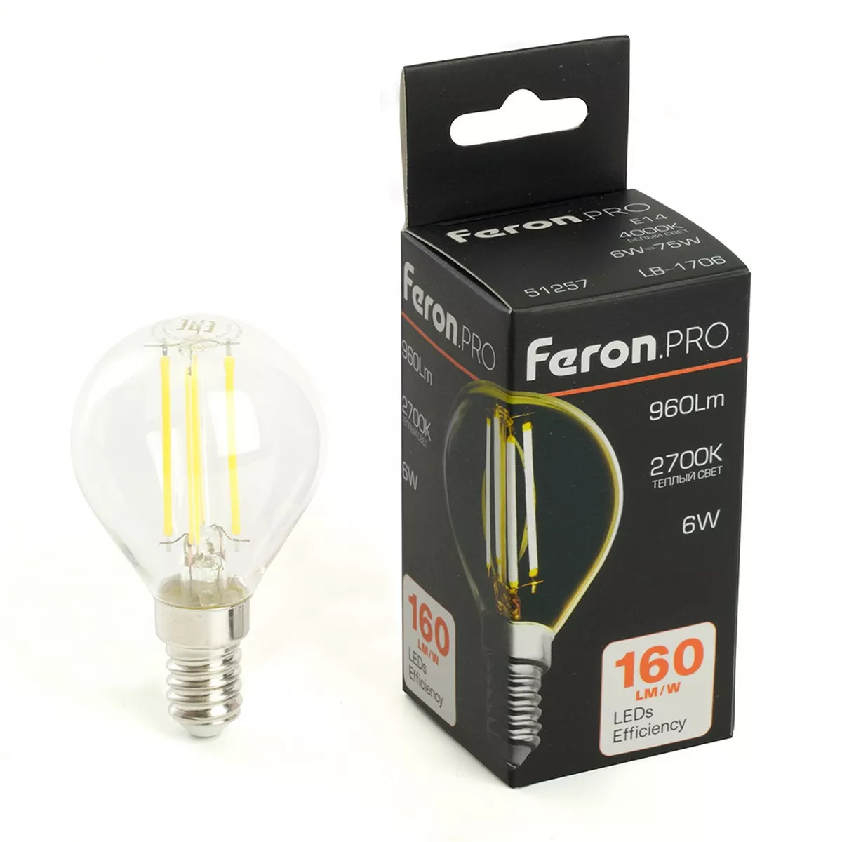 E14 Лампа светодиодная Feron.PRO LB-1706 Шарик E14 6W 175-265V 2700K 51256 